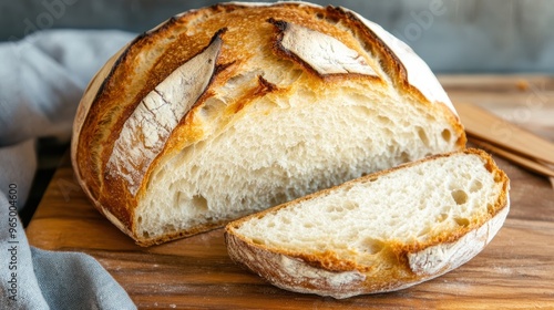 Gluten-free sourdough boule with a cracked, golden crust, resting on a wooden board, sliced to reveal airy interior