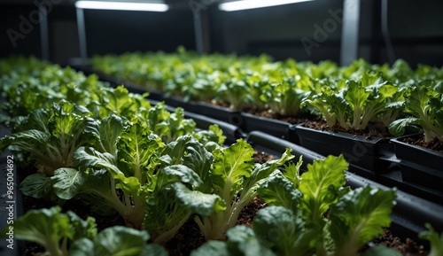 Close-up shot of leafy green vegetables growing under LED lights photo