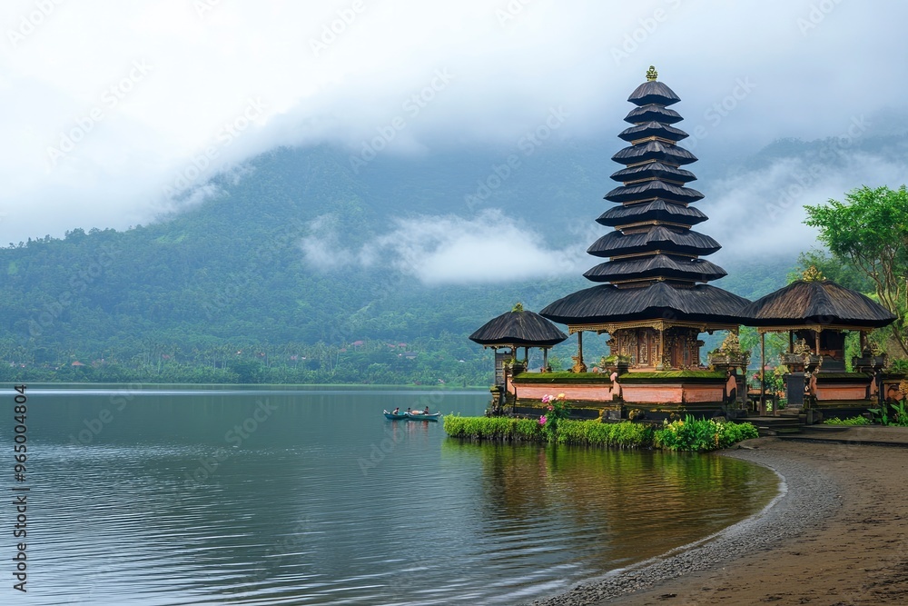 Ulun Danu Beratan temple at the edge of Lake Bratan, Bali, Indonesia , ai Ulun Danu Beratan temple at the edge of Lake Bratan, Bali, Indonesia , ai