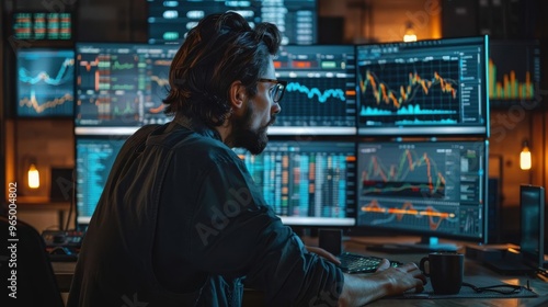 A focused individual analyzes data on multiple screens in a modern office with financial graphs and statistics displayed. photo