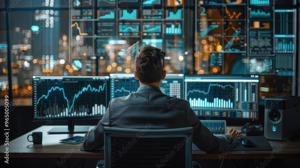 A person analyzes data on multiple screens in a modern office, surrounded by graphs and financial indicators at night. A person analyzes data on multiple screens in a modern office, surrounded by graphs and financial indicators at night.