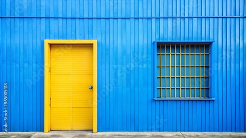 Blue building with a yellow door and barred window, perfect for security or architectural concepts