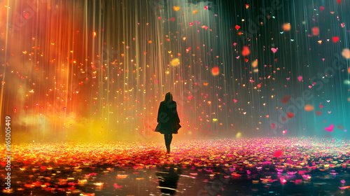 A person walking through a rainstorm, but instead of water, glowing petals fall from the sky, covering the ground in a soft, luminous carpet