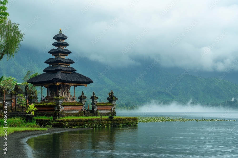 Naklejka premium Ulun Danu Beratan temple at the edge of Lake Bratan, Bali, Indonesia , ai