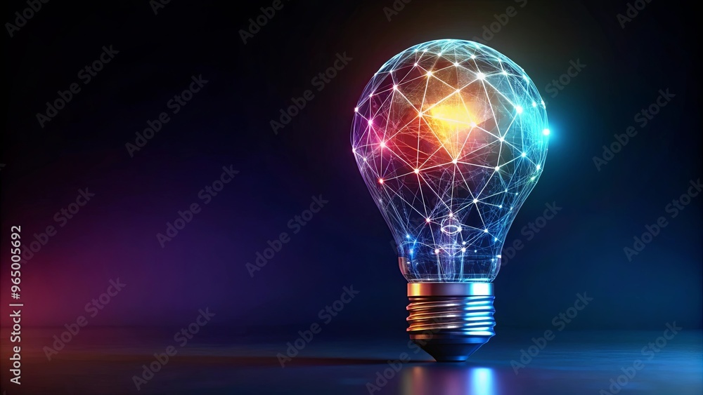 Holographic light bulb with low polygonal shapes on dark background Holographic light bulb with low polygonal shapes on dark background