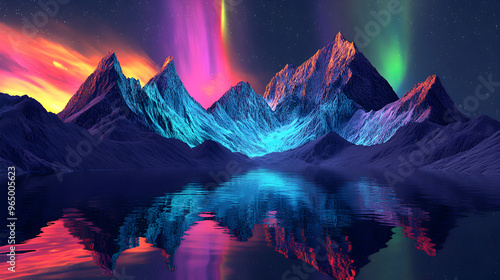 A surreal mountain range where the peaks are made of glowing ice, reflecting the colors of a vivid aurora borealis dancing in the night sky