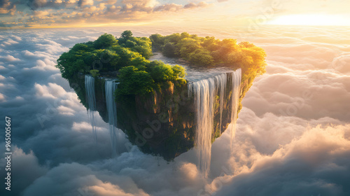 A floating island shaped like a giant tree leaf, with waterfalls pouring off the edges into a sea of clouds below, illuminated by a soft sunset photo