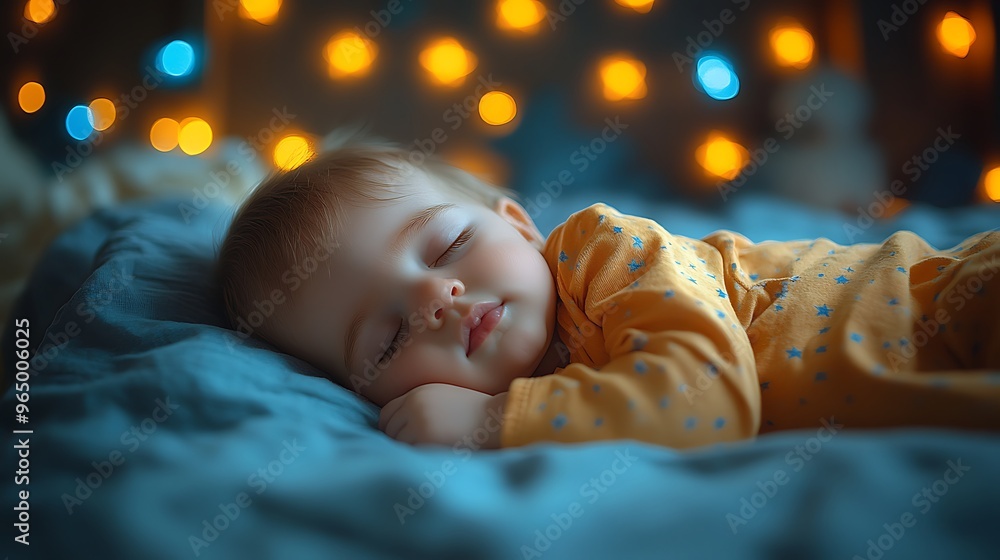 A baby peacefully sleeping in bed with a soft blue blanket and warm yellow lights in the background. A baby peacefully sleeping in bed with a soft blue blanket and warm yellow lights in the background.