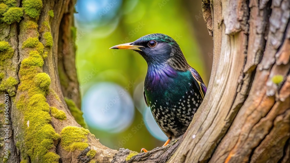 Fototapeta premium Common starling looking out of a tree hole framed by the natural surroundings, observing, habitat, peeking, colorful feathers, branch, watching, curiosity, inquisitive, curious, tree hole