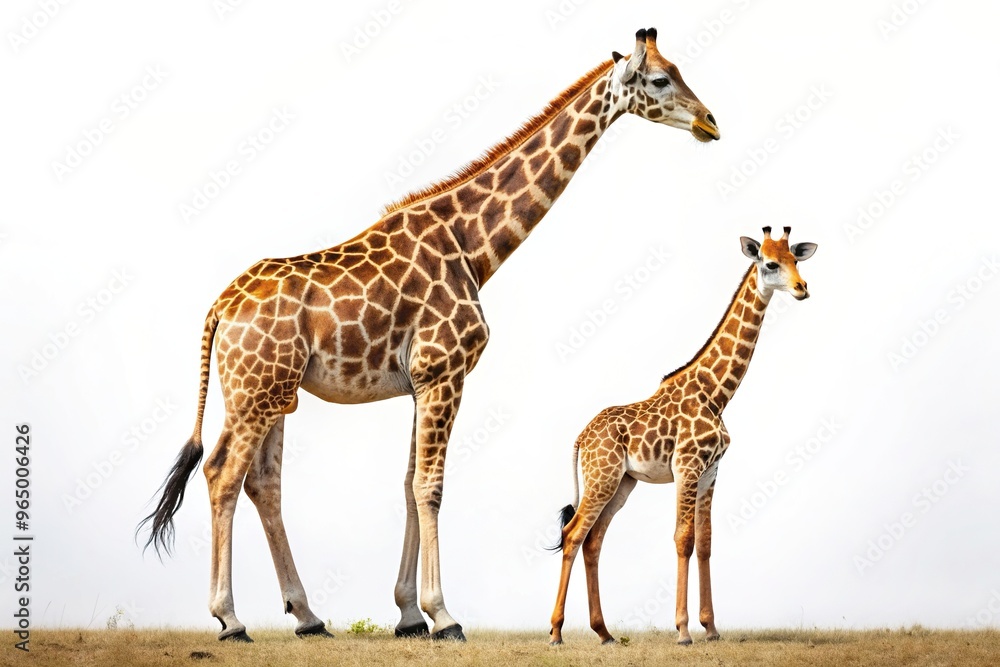 majestic, large, exotic, African, calf, animal, spotted pattern, A medium shot stock photo of a majestic giraffe standing against a white background tenderly protecting its giraffe calf majestic, large, exotic, African, calf, animal, spotted pattern, A medium shot stock photo of a majestic giraffe standing against a white background tenderly protecting its giraffe calf