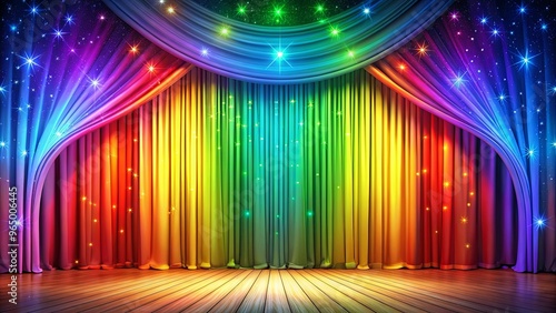 Vibrant and colorful stage with rainbow curtain and soft lighting, perfect for a whimsical performance or event