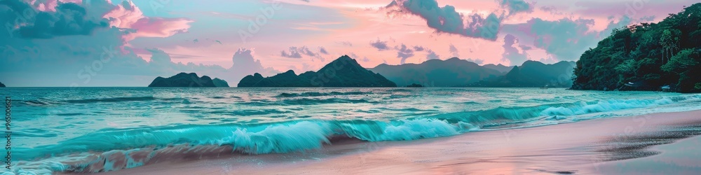 Pastel-hued sunset over a tropical landscape featuring foamy turquoise waves on a sandy shoreline, with picturesque mountain silhouettes contrasting against the evening sky and blue clouds accented in Pastel-hued sunset over a tropical landscape featuring foamy turquoise waves on a sandy shoreline, with picturesque mountain silhouettes contrasting against the evening sky and blue clouds accented in