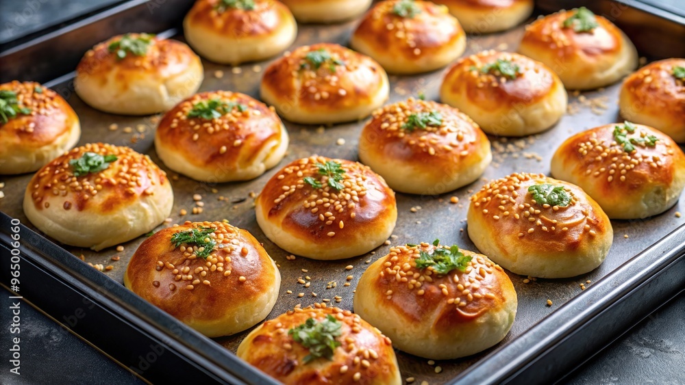 oven tray, gourmet, breakfast, Mediterranean, baked goods, homemade, A high angle view of a delicious Turkish pastry pogaca with cheese filling freshly baked and arranged on an oven tray oven tray, gourmet, breakfast, Mediterranean, baked goods, homemade, A high angle view of a delicious Turkish pastry pogaca with cheese filling freshly baked and arranged on an oven tray