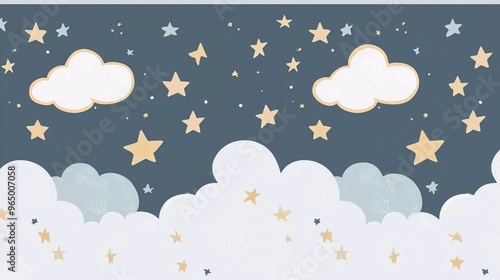 cute cloud and stars on nice pastel gray bottom border seamless pattern