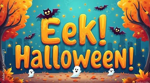 Eek! Halloween Autumn Scene: Spooky Bats and Ghosts Cartoon Illustration photo