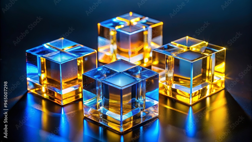 Three crystal cubes illuminated by blue and yellow lights on black background with blue light Three crystal cubes illuminated by blue and yellow lights on black background with blue light