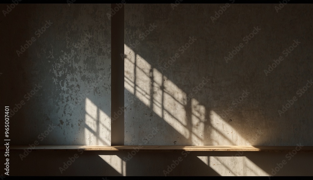Fototapeta premium Shadow of window panes cast on old textured wall indoors.