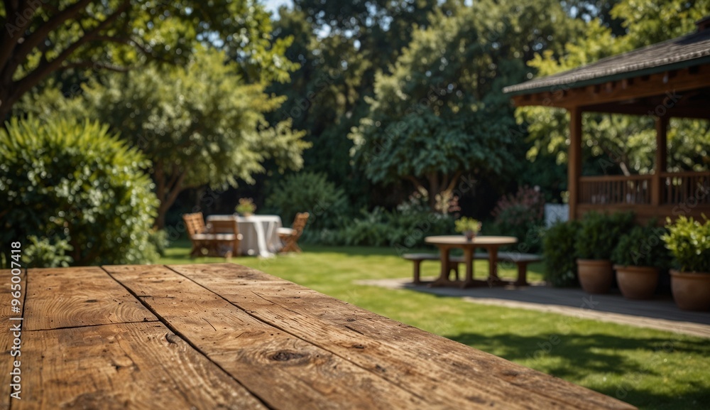 Obraz premium Rustic wooden picnic table set in a lush green backyard garden.