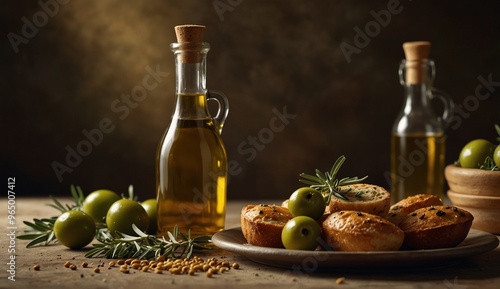 Olive oil and bread with fresh olives on rustic wooden surface. photo