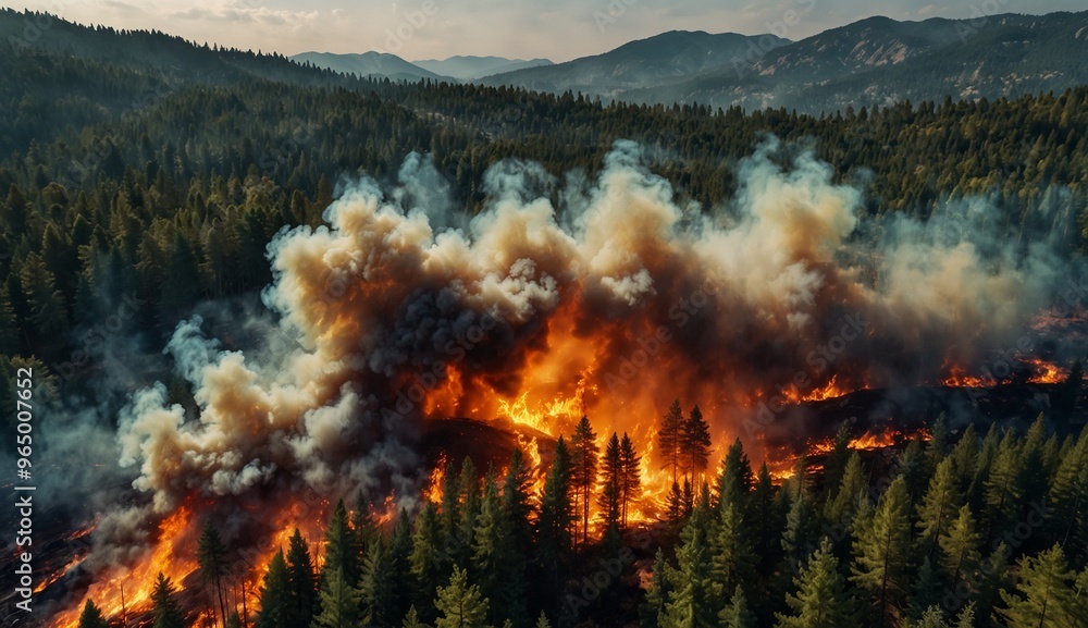 Massive wildfire burning through a forest with thick smoke rising. Massive wildfire burning through a forest with thick smoke rising.