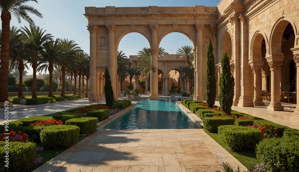 Obraz premium Luxurious palace courtyard with arches, greenery, and a pool.