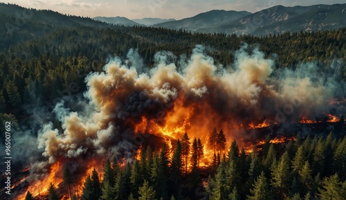 Massive wildfire burning through a forest with thick smoke rising.
