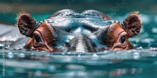 Close-up view of an adult hippopotamus's head and face in water, showcasing its eyes, ears, and muzzle as it swims in an enclosure, emphasizing themes of captivity and conservation education. photo