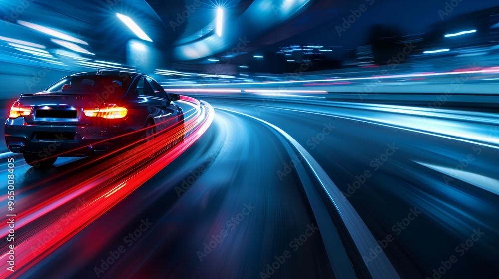 High-Speed Car Driving at Night Through Illuminated Tunnel, Showcasing Modern Urban Transportation High-Speed Car Driving at Night Through Illuminated Tunnel, Showcasing Modern Urban Transportation