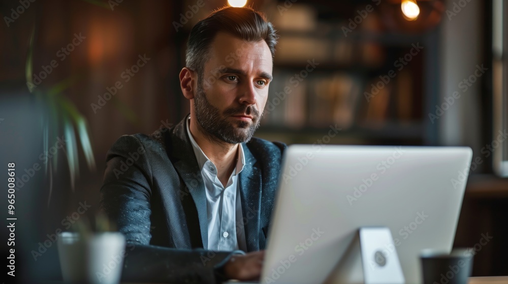 Business Professional in Modern Office Working on Computer in Natural Light