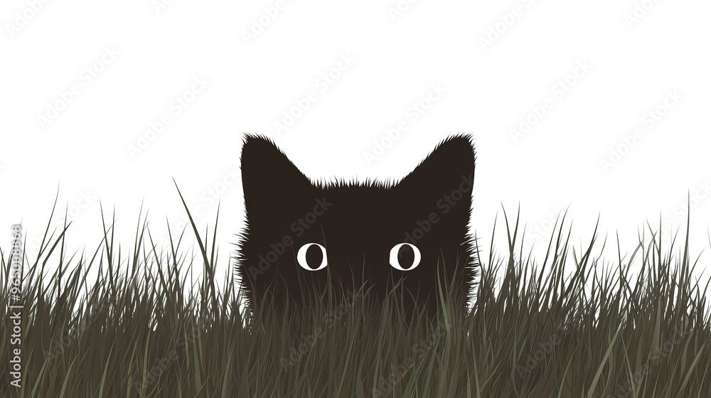 Obraz premium Black vector silhouette of a cat peeking out from a tall grass patch. The cat’s body is low to the ground with its ears alert, suggesting a stealthy and cautious stance as it observes its surroundings