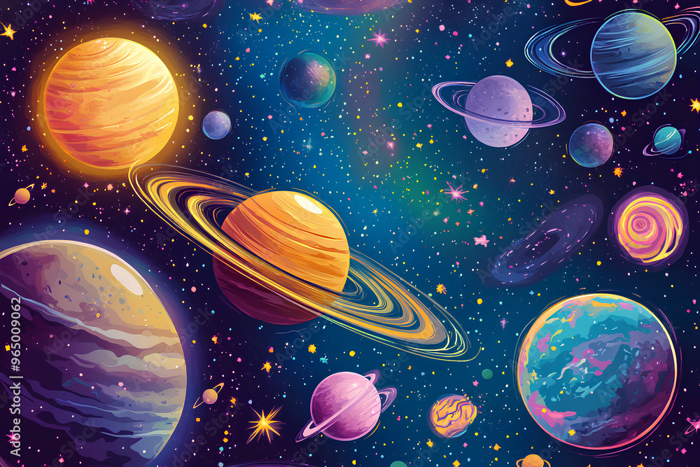 A colorful illustration of a night sky with planets and stars. A colorful illustration of a night sky with planets and stars.