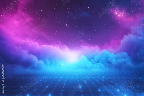 Synthwave vaporwave retrowave cyber background with copy space, laser grid, starry sky, blue and purple glows with smoke and particles. Design for poster, cover, wallpaper, web, banner, etc , ai photo