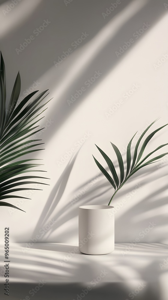 White Pot with Green Palm Leaf Branch and Light Shadows on White Background White Pot with Green Palm Leaf Branch and Light Shadows on White Background
