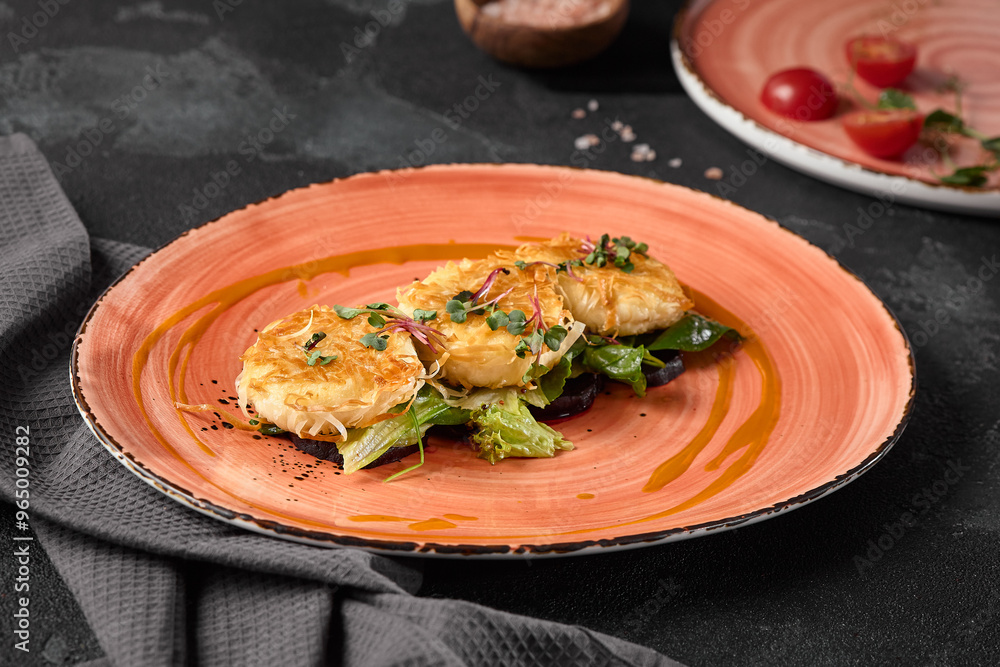Gourmet Cheese Tempura in Phyllo Dough on a Vibrant Plate with Fresh Greens Gourmet Cheese Tempura in Phyllo Dough on a Vibrant Plate with Fresh Greens