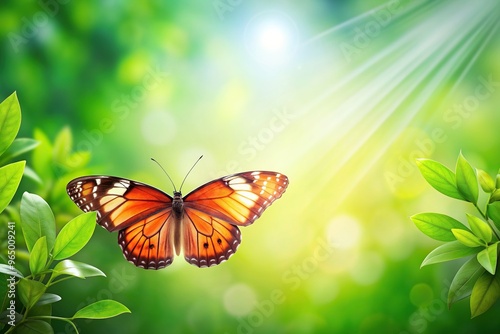 A close up image of a banner with a vibrant butterfly placed gracefully over a lush green background creating a visually captivating composition with plenty of copy space in the foreground