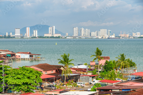 Scenic coastline of George Town at Penang Island in Malaysia photo