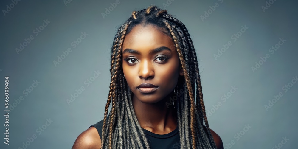 With long, ornate braids cascading down her back, a fearless young black woman stands tall, her presence commanding With long, ornate braids cascading down her back, a fearless young black woman stands tall, her presence commanding