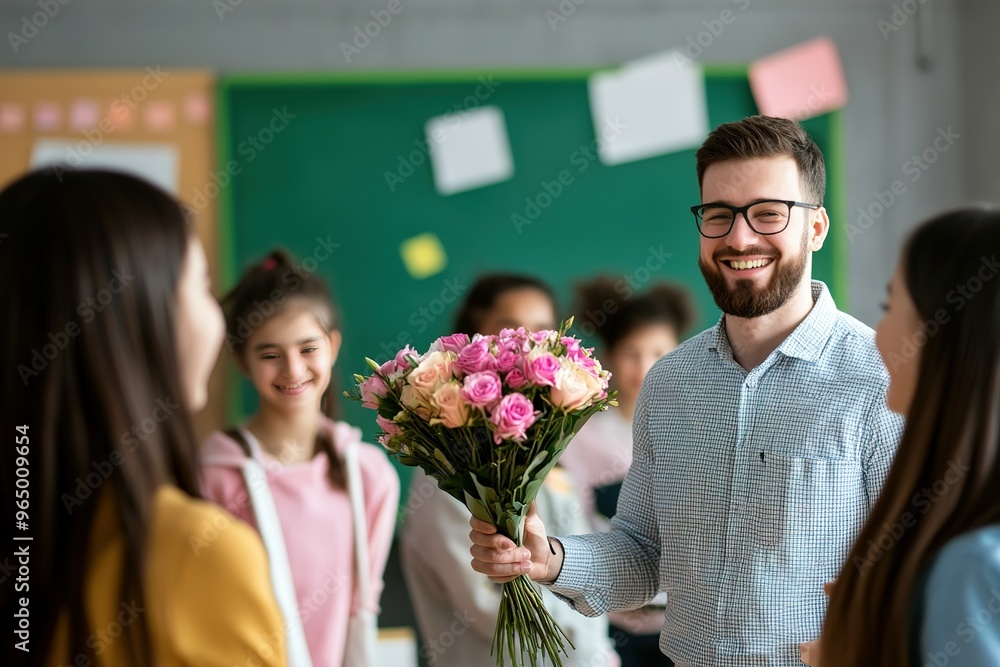 A group of students giving a teacher a bouquet of flowers A group of students giving a teacher a bouquet of flowers