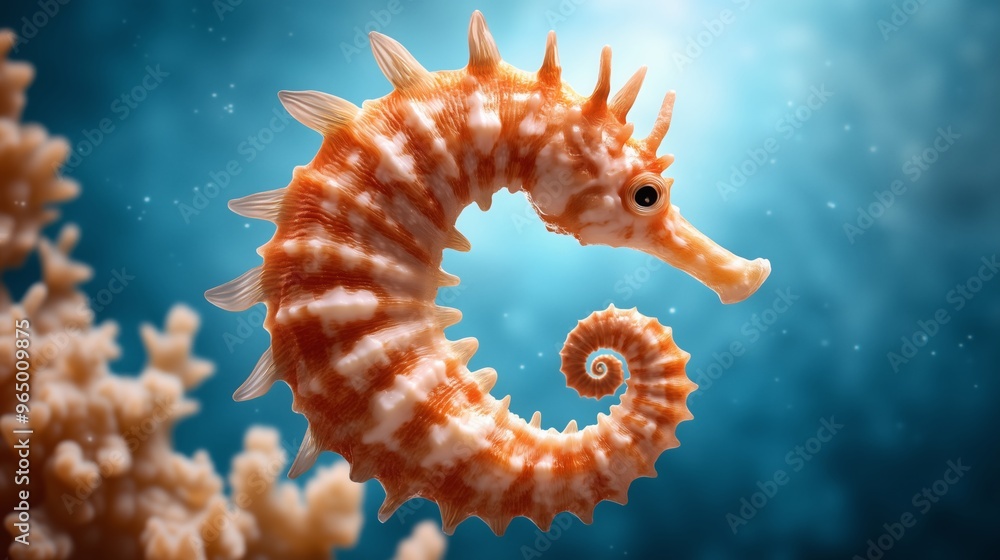 A golden seahorse with curled tail floating in a vibrant underwater environment surrounded by soft coral and aquatic plants. A golden seahorse with curled tail floating in a vibrant underwater environment surrounded by soft coral and aquatic plants.