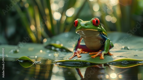 Green frog on a lily pad photo