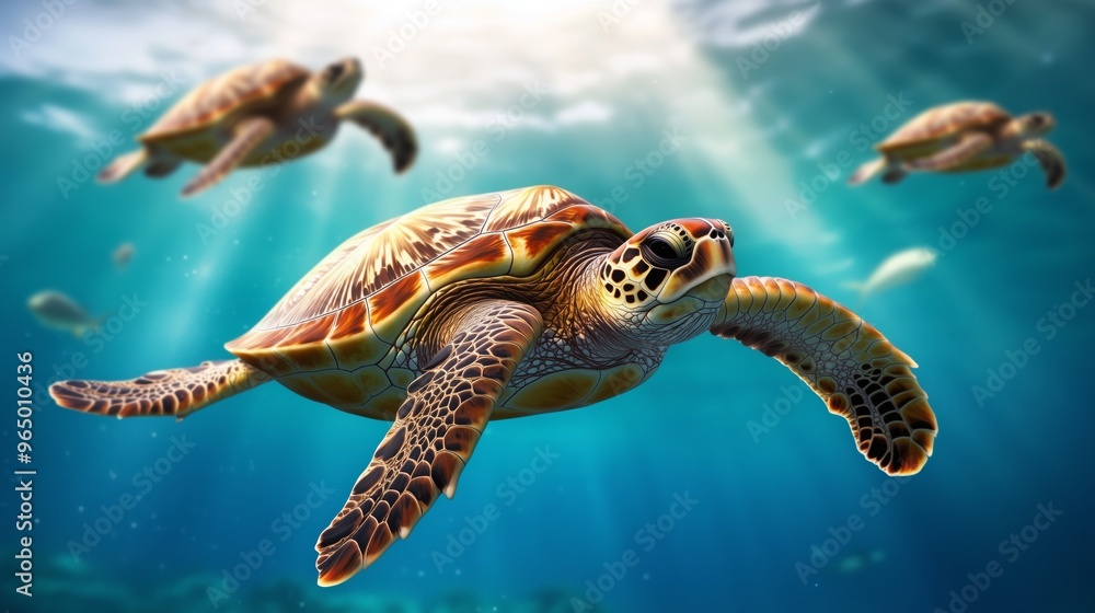 Obraz premium Several sea turtles swim peacefully in crystal-clear ocean waters, illuminated by sunbeams, showcasing marine life in a serene underwater scene.