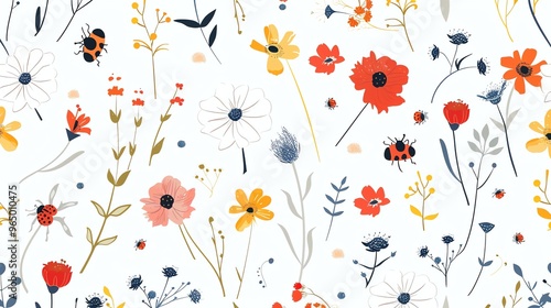 A seamless pattern of flowers, leaves, and ladybugs on a white background.