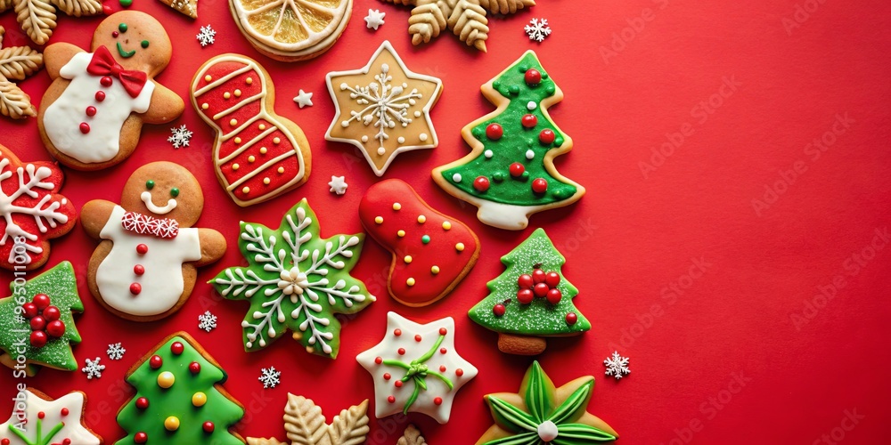 A festive array of Christmas cookies on a bright red background