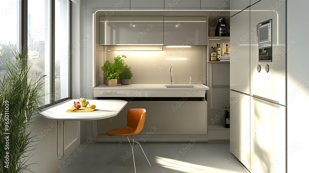 Compact Kitchen with Built-In Cabinets, Foldable Dining Area, and Efficient Storage Solutions Compact Kitchen with Built-In Cabinets, Foldable Dining Area, and Efficient Storage Solutions