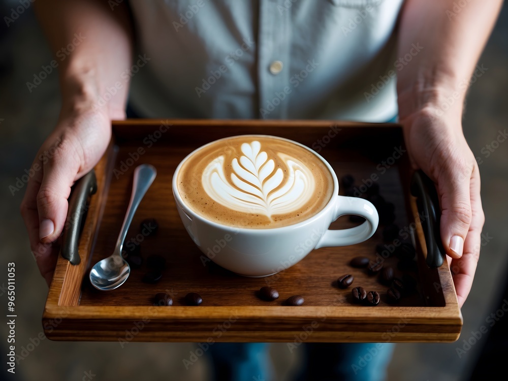 White ceramic cups of cappuccino with latte art Barista make coffee by pouring spills hot milk cream on black coffee. Barista serve holding cup of hot latte and coffee beans on wooden table cafe shop. White ceramic cups of cappuccino with latte art Barista make coffee by pouring spills hot milk cream on black coffee. Barista serve holding cup of hot latte and coffee beans on wooden table cafe shop.
