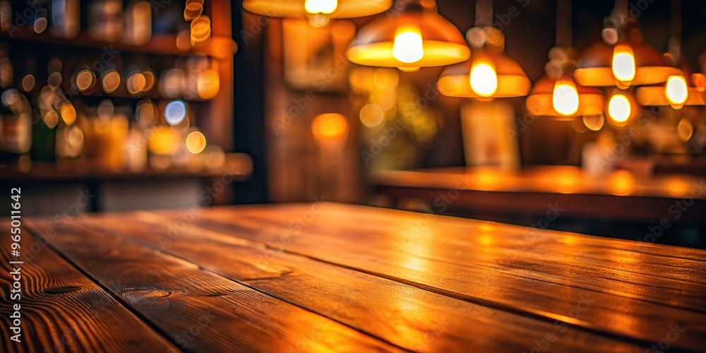 A close up view of a wooden tabletop with a shallow depth of field capturing a softly lit orange light in a bar or pub set against a dark night background shot from a low angle, blur A close up view of a wooden tabletop with a shallow depth of field capturing a softly lit orange light in a bar or pub set against a dark night background shot from a low angle, blur