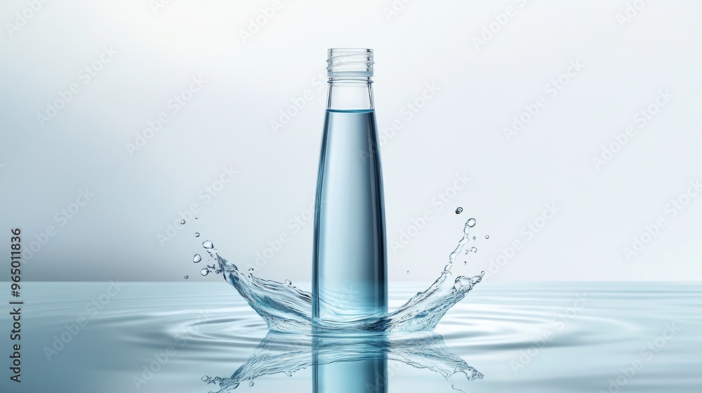 A sleek and modern image of a water bottle with a splash of the drink against a background of a clean, minimalist design. The splash is depicted in a way that captures the purity and freshness of the A sleek and modern image of a water bottle with a splash of the drink against a background of a clean, minimalist design. The splash is depicted in a way that captures the purity and freshness of the