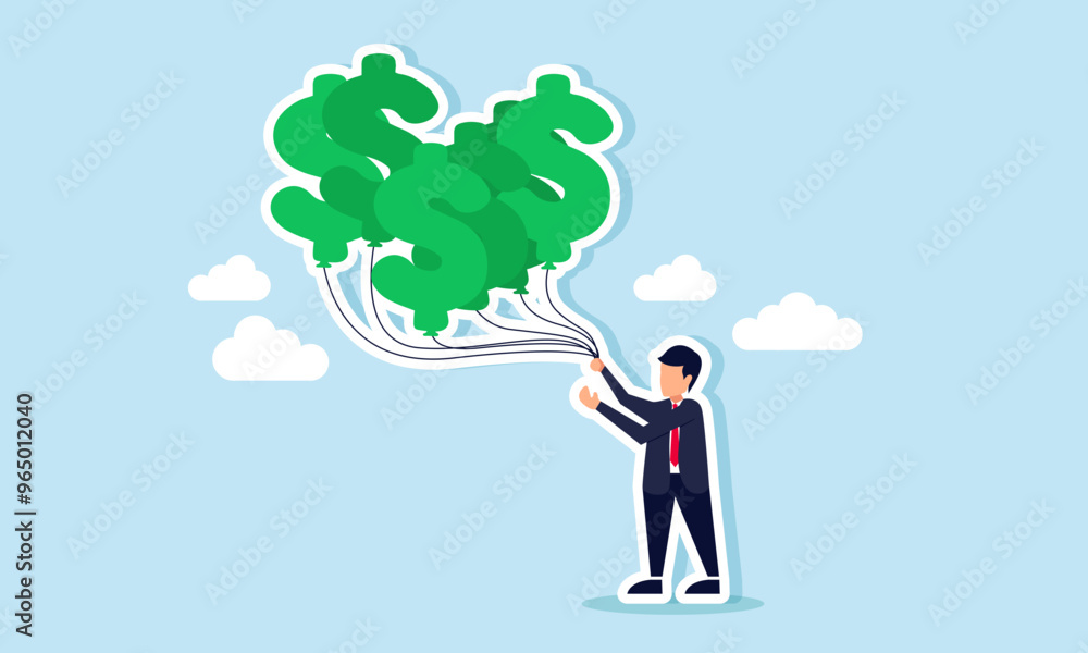 A businessman holding a floating dollar balloon by a string, illustration of Safeguarding company assets to prevent them from being lost or depleted A businessman holding a floating dollar balloon by a string, illustration of Safeguarding company assets to prevent them from being lost or depleted