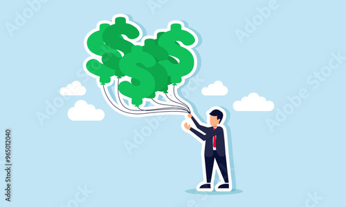 A businessman holding a floating dollar balloon by a string, illustration of Safeguarding company assets to prevent them from being lost or depleted