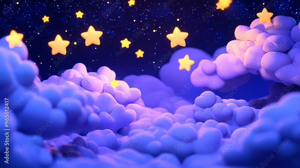Cartoon pastel purple clouds and yellow stars at night. Nice 3d rendering picture Cartoon pastel purple clouds and yellow stars at night. Nice 3d rendering picture